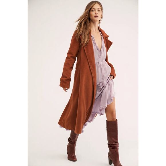 Free People Wool Blend Long Duster Trench Coat Brown Size Large